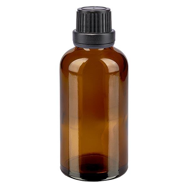 Bruine glazen fles 50ml met zwart druppelsluiting 2mm VR Bruine glazen fles 50ml met zwart druppelsluiting 2mm VR
