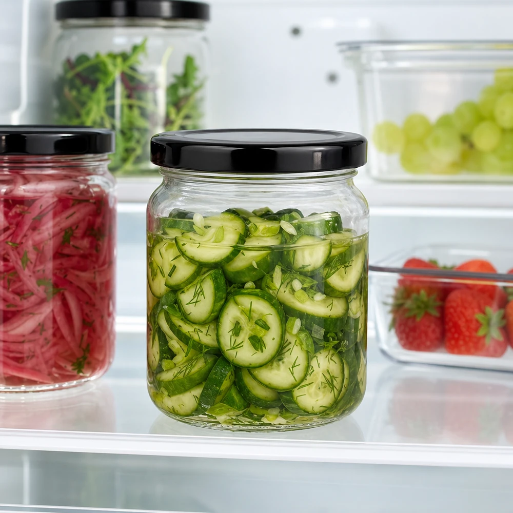 53ml Rundglas mit schwarzem Deckel gefüllt mit eingelegten Gurken im Kühlschrank frische Konservierung Pickles