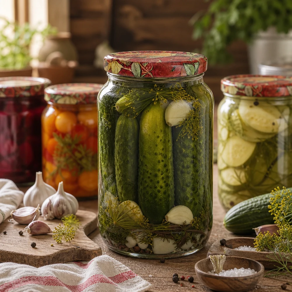 1062ml ronde pot gevuld met augurken BasicSeal deksel fruitdecor inmaakpot inmaak dille knoflook