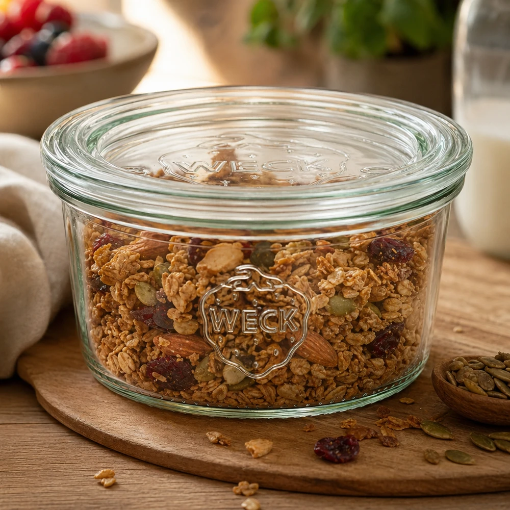 WECK 165ml RR80 mason jar gevuld met muesli en gedroogd fruit op een ronde houten plank voor perfecte opslag