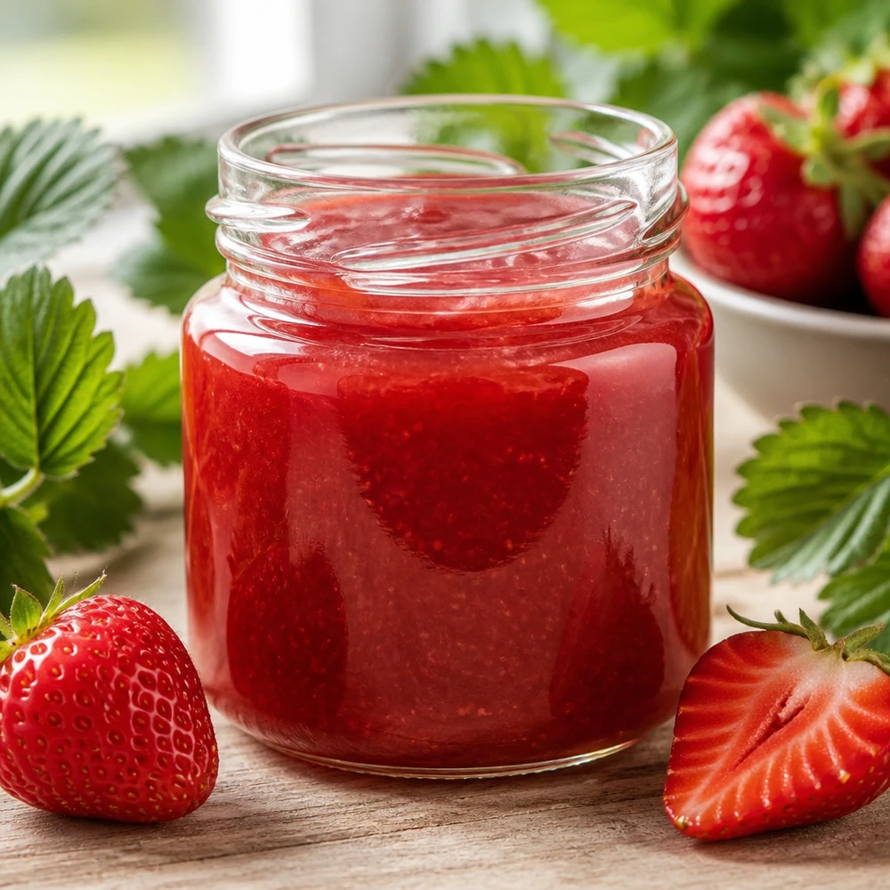 Runda53 ronde glazen pot TO43 gevuld met aardbeienjam, naast bladeren van aardbeiplanten en rode vruchten