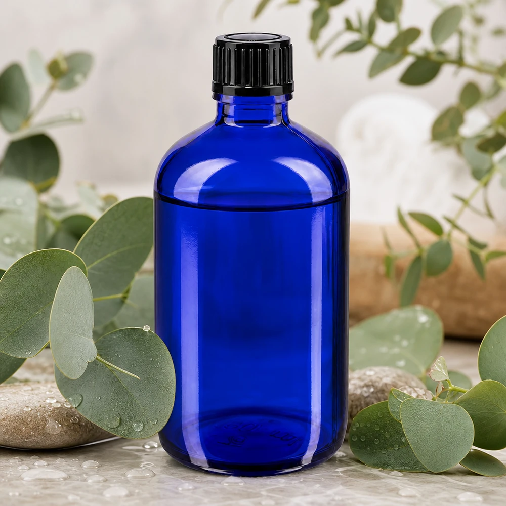 100 ml blauwe STD-fles van apothekersglas met druppelaar op een steen tussen natuurlijke materialen