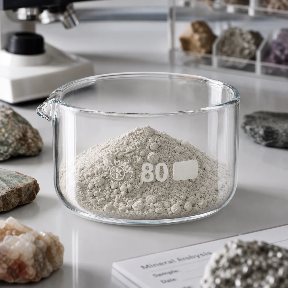 Kristalliseerschaal 150ml met schenktuit Lage laboratoriumschaal van helder glas met grijs poeder en stukjes gesteente tijdens wetenschappelijk onderzoek