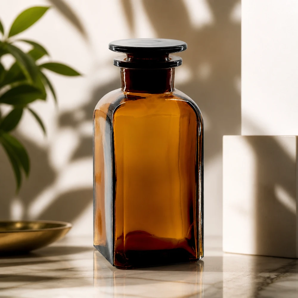 Vierkant-apothekersfles 350 ml wijde hals bruin glas incl. glazen stop Bruine glazen fles van 350 ml, vierkant met brede hals, voor etherische oliën en tincturen