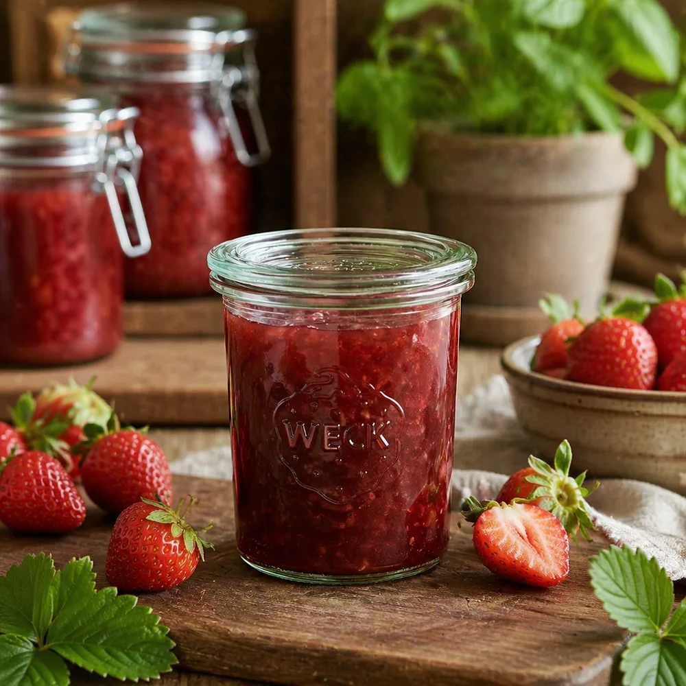 WECK RR60 160 ml mason jar gevuld met zelfgemaakte aardbeienjam, omringd door verse aardbeien op een houten tafel