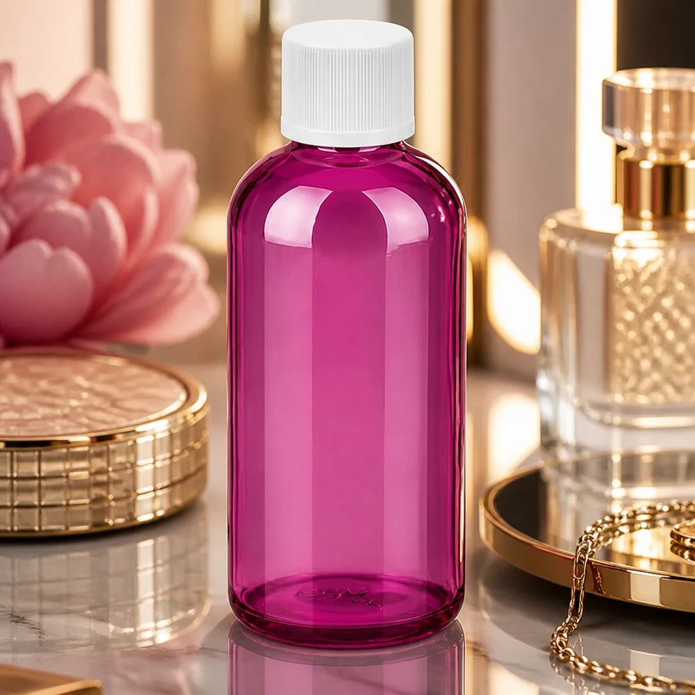 Compacte paarse plastic fles van 100 ml met wit deksel voor onderweg