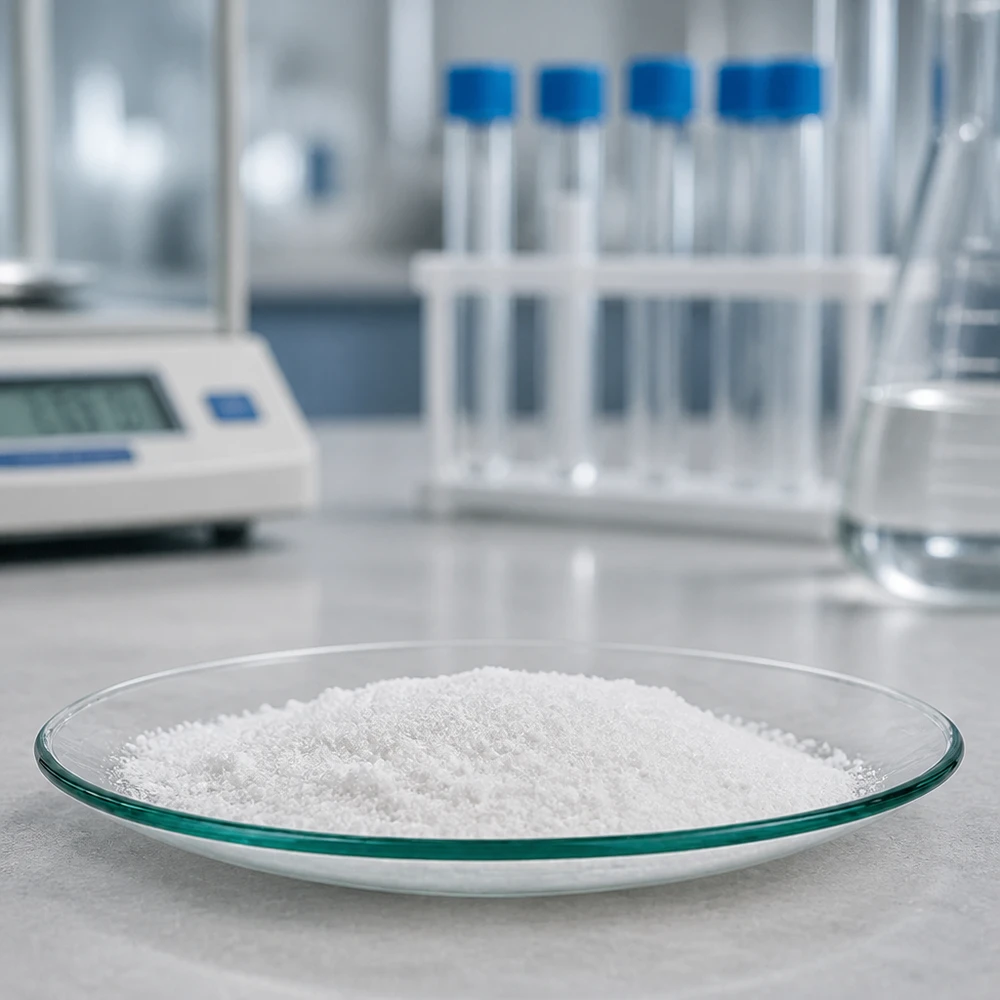 Vlakke glazen schaal Ø 90 mm met fijne witte korrels in professionele laboratoriumapparatuur