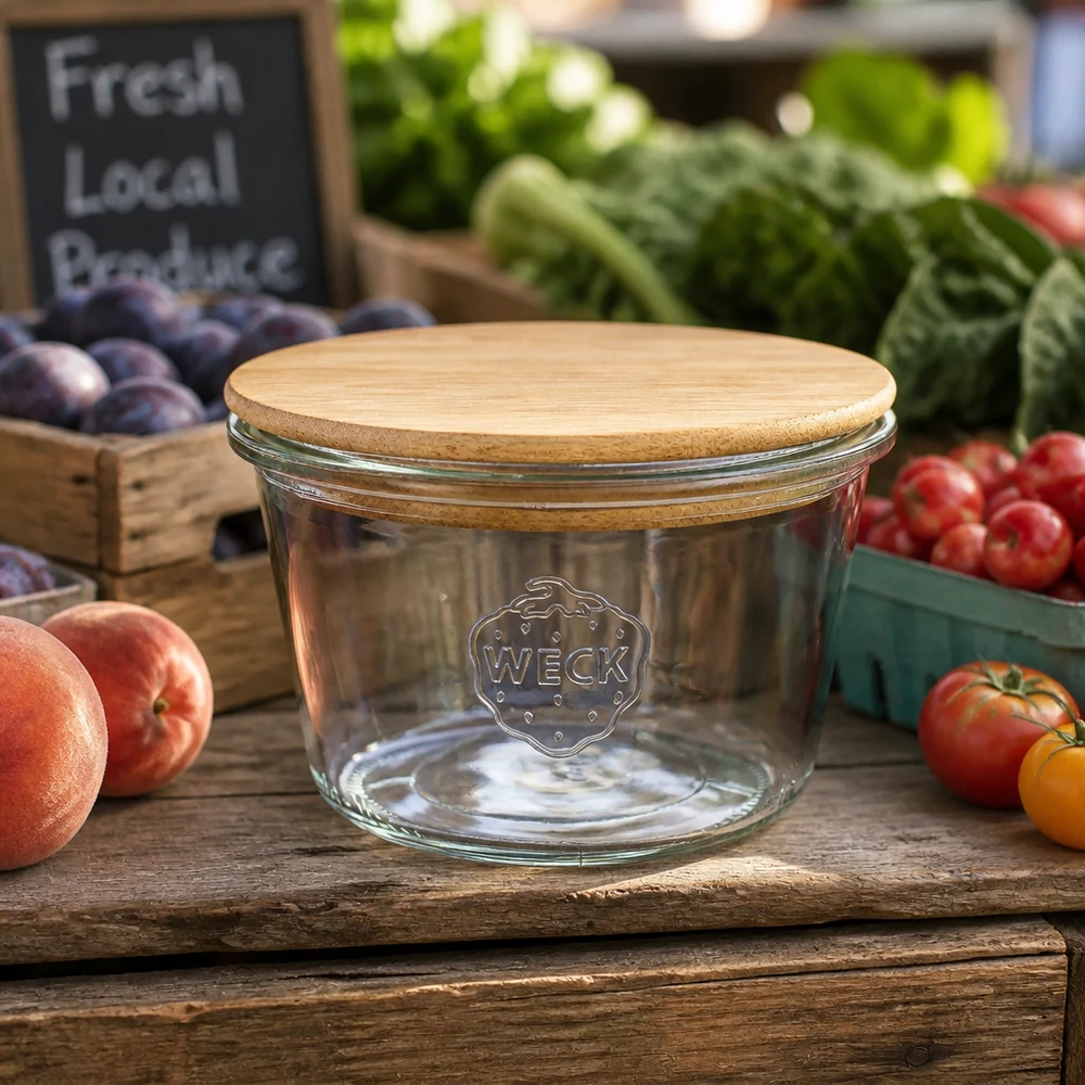 370ml stortglas WECK RR100 met hout deksel WECK RR100 bekers 370ml met bamboe deksel op een houten tafel omringd door vers fruit en groenten van de markt