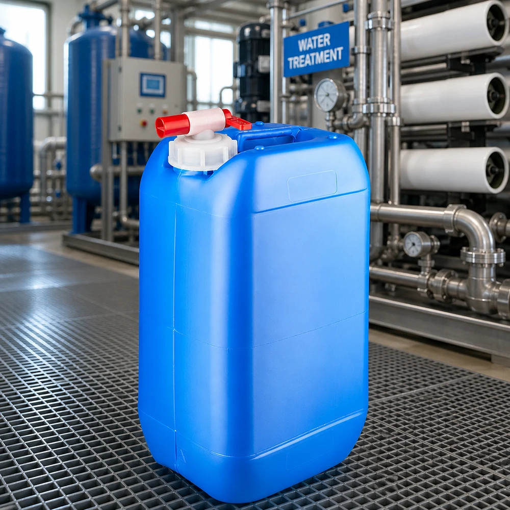HDPE-jerrycan van 15 liter, blauw met rode afsluitkraan, op een rooster in een industriële omgeving