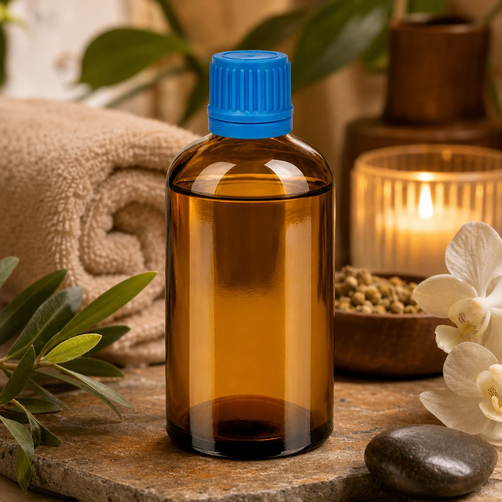 Veelzijdige glazen fles 100ml bruin met blauw deksel voor doe-het-zelf projecten en natuurlijke cosmetica