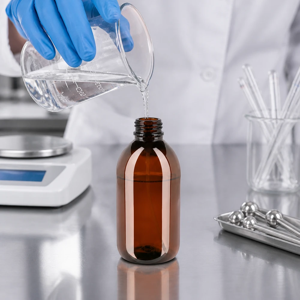 250 ml PET medicijnfles met verstuiver zwart GCMI 28/410 incl. dop transparant, standaard Chemikalienbeständige 250ml PET Flasche in Braun für empfindliche Wirkstoffe und Öle