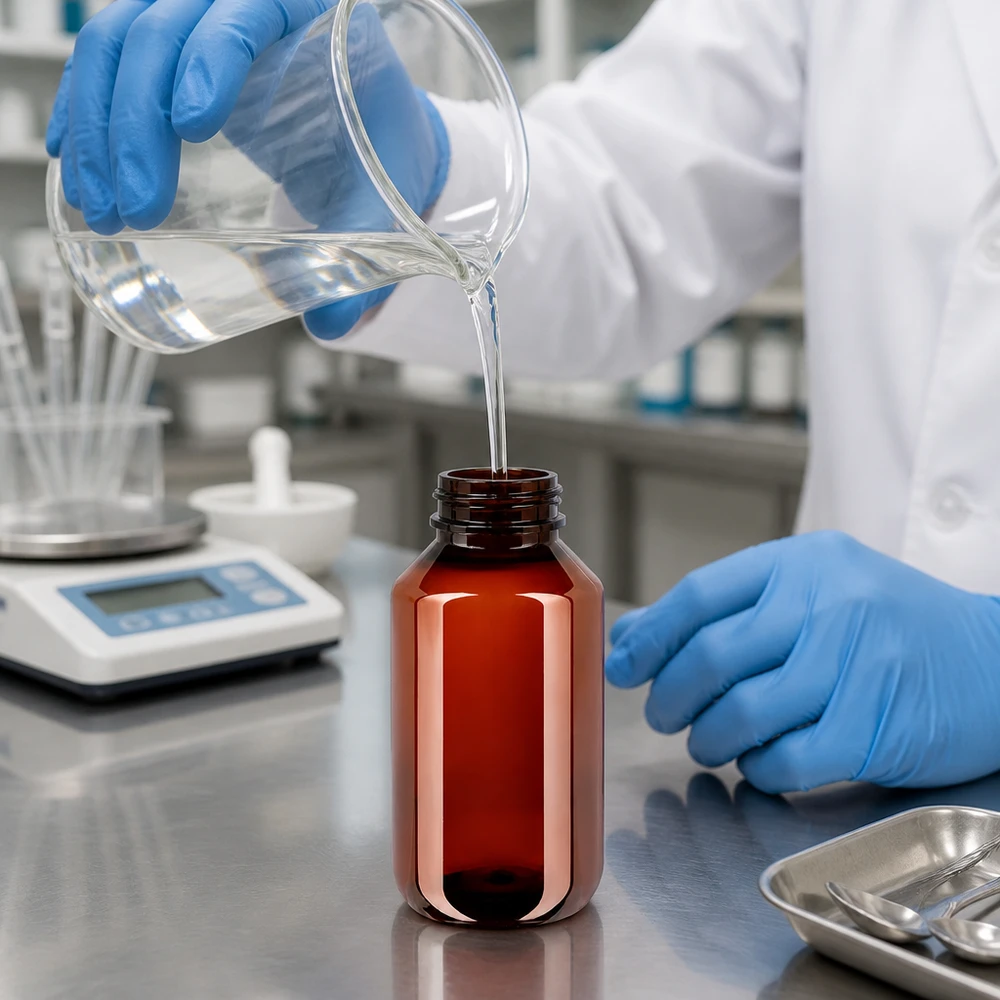 50 ml PET medicijnfles met verstuiver zwart GCMI 28/410 incl. dop transparant, standaard Bruine PET-fles van 100 ml op een roestvrijstalen werkblad in het GMP-laboratorium met een precisieweegschaal
