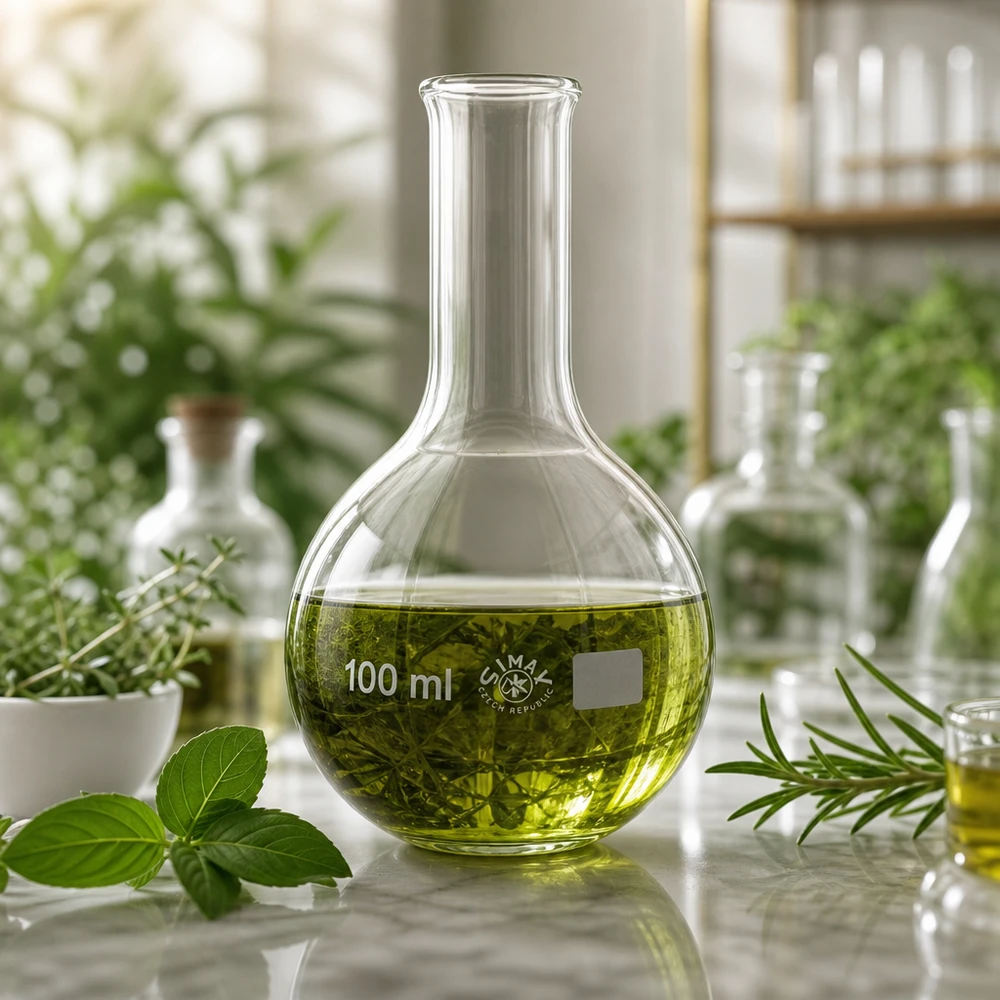 Destillatiekolf 100ml van helder glas gevuld met groenachtig plantenconcentraat