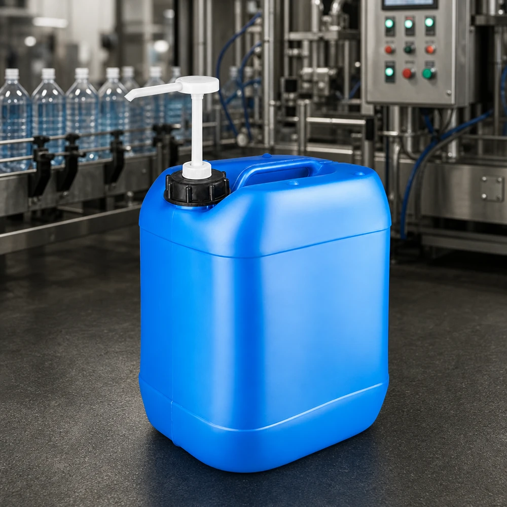 Canister 20 liter blauw met doseerpomp Voedselveilige blauwe jerrycan van 20 liter met doseerpomp voor professioneel gebruik