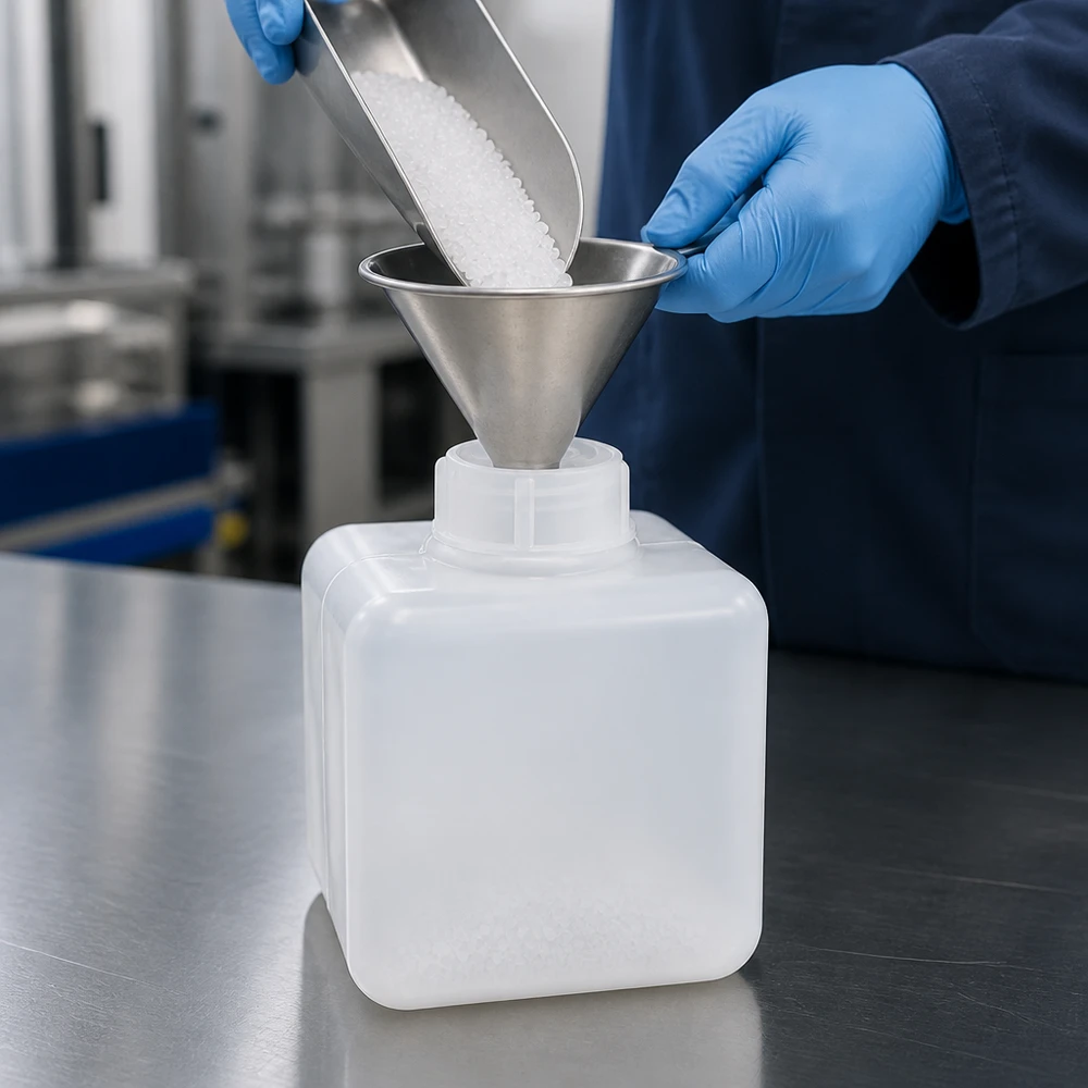 Chemicaliebestendige PE-HD-fles met smalle hals, 500 ml, naturel, geschikt voor granulaten en vaste stoffen