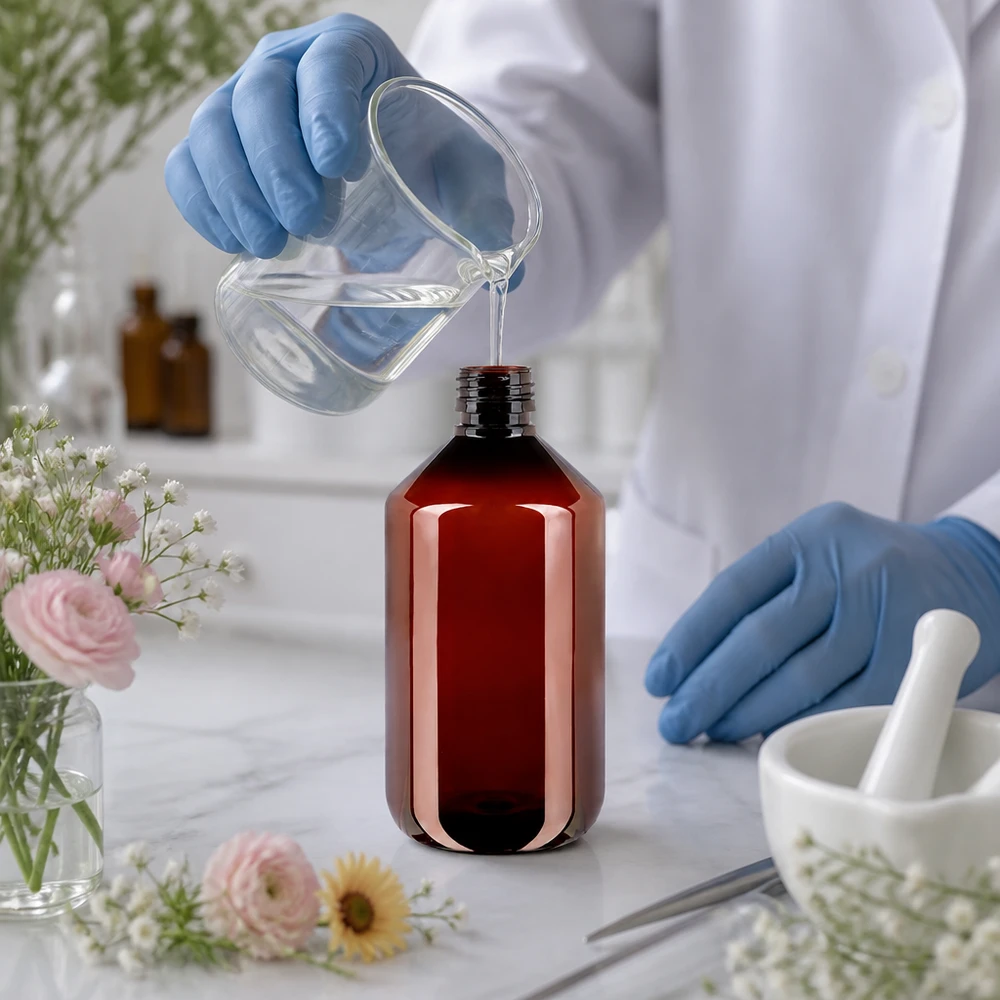 PET-fles 500ml PP28 zonder dop Apotheekfles van 500 ml, amberkleurig, PP28-hals, in een professionele laboratoriumomgeving met planten