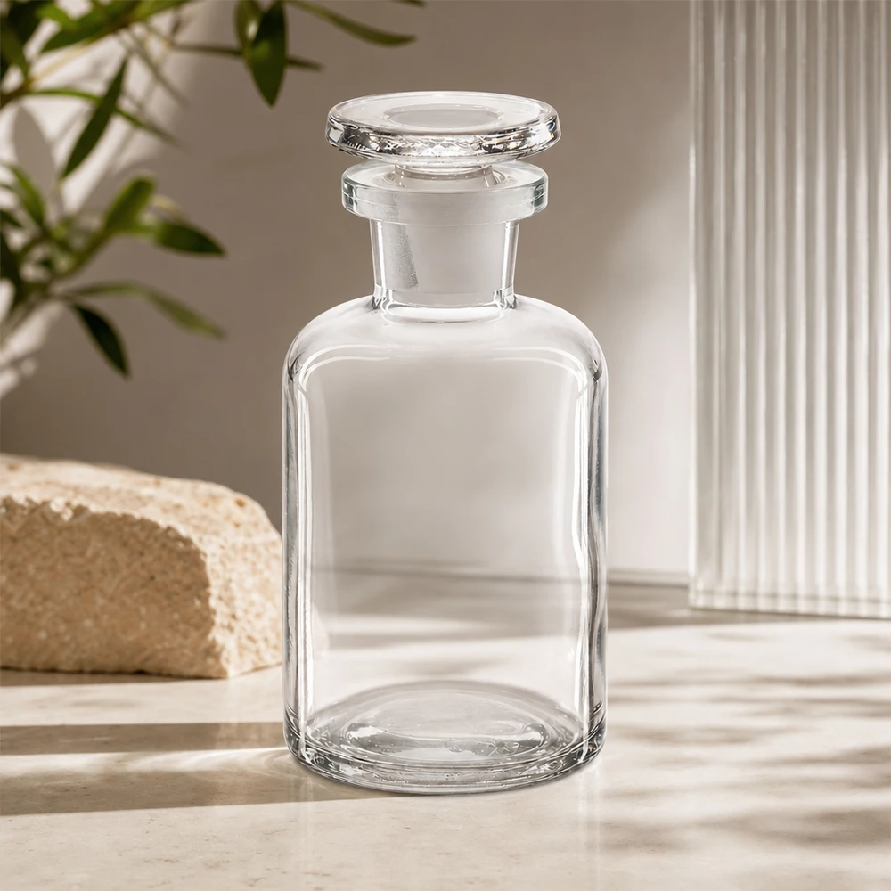 Voorraadfles van 50 ml, van helder glas, met ronde schouder en smalle hals, voorzien van een luchtdichte glazen stop