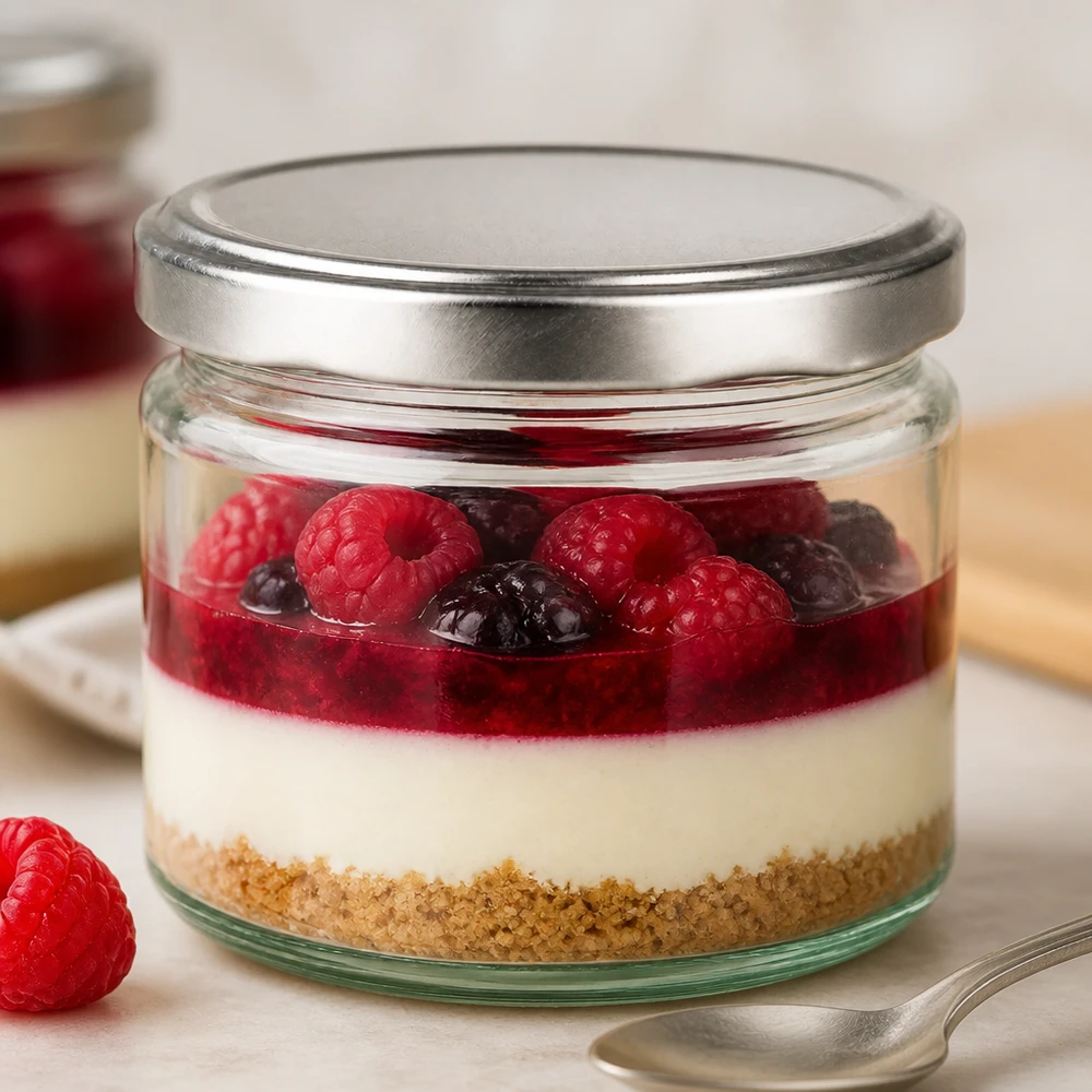 330ml ronde pot met BasicSeal deksel zilver gevuld met dessert frambozen bosbessen cheesecake in een pot
