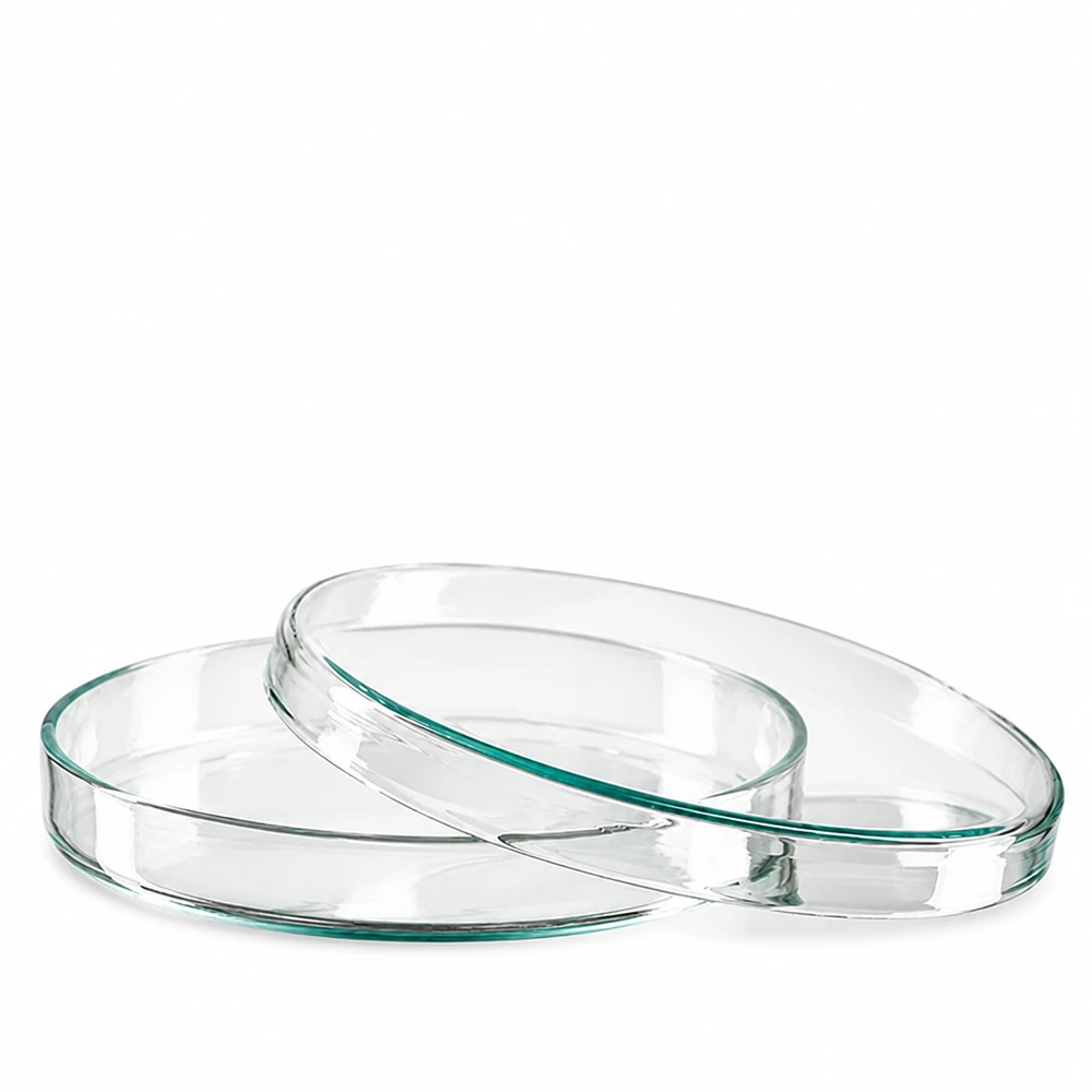 Petrischaal 100x15 mm van glas Vlakke, ronde glazen schaal, petrischaal 100 x 15 mm, van lichtgroen glas, stapelbaar