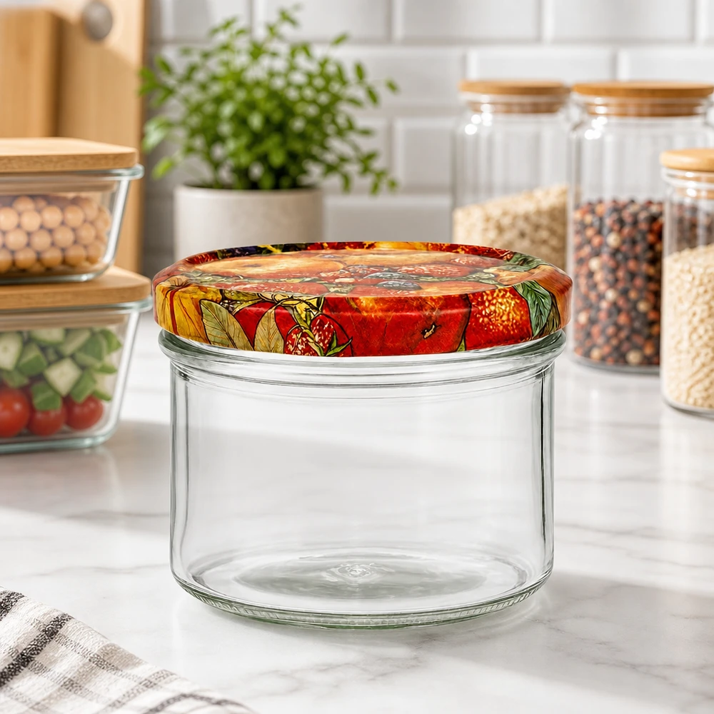 225 ml beker met fruitdecor deksel in moderne keuken, lege voorraadpot tussen andere inmaakpotten