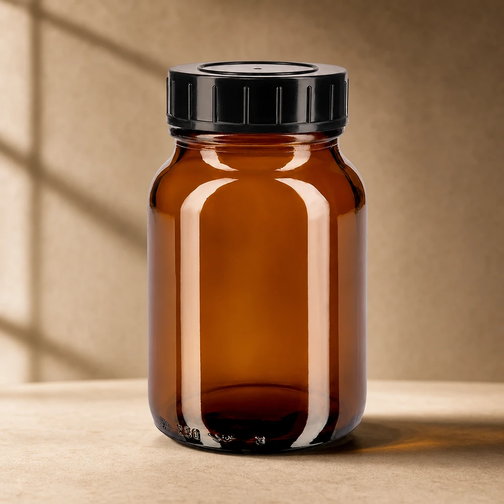 Fles met wijde hals 250 ml bruin glas met schroefdeksel Amberkleurige glazen fles met brede hals 250ml met kindveilige schroefdop voor medicijnkastje