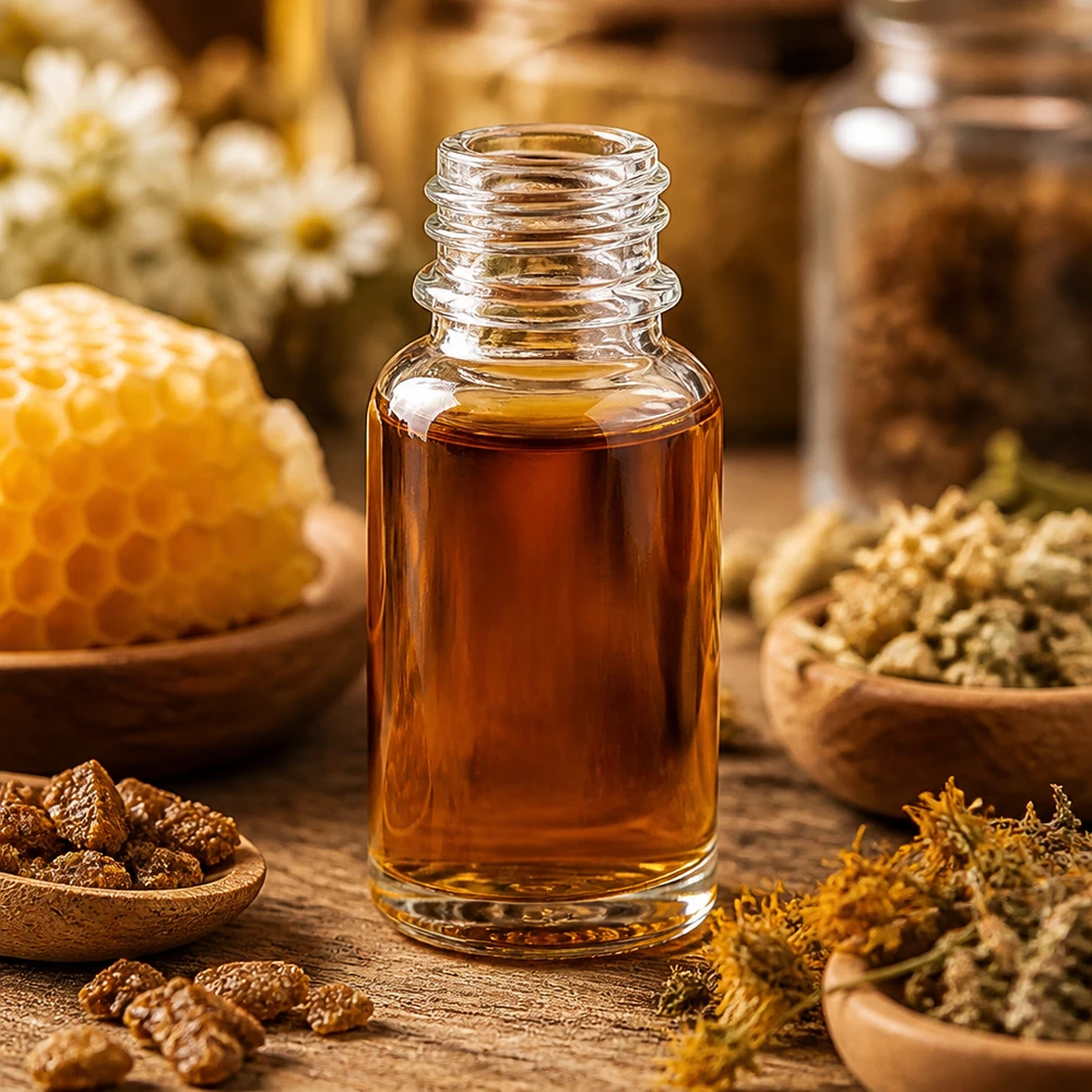 Glazen flesje van 10 ml met een natuurlijk geneesmiddel, omgeven door honingraat, kruiden en propolis