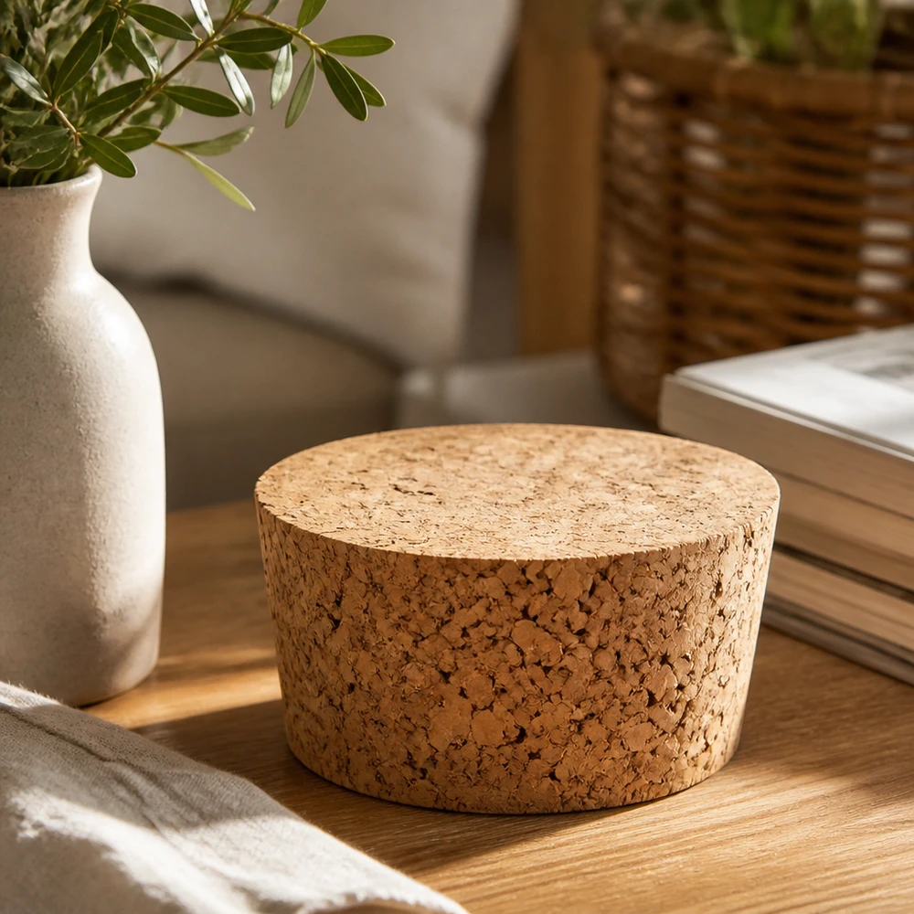 WECK kurkstop RR40 natuurlijke kurkstop op houten tafel met vaas en boeken stijlvolle woonkamer decoratie 40mm opening