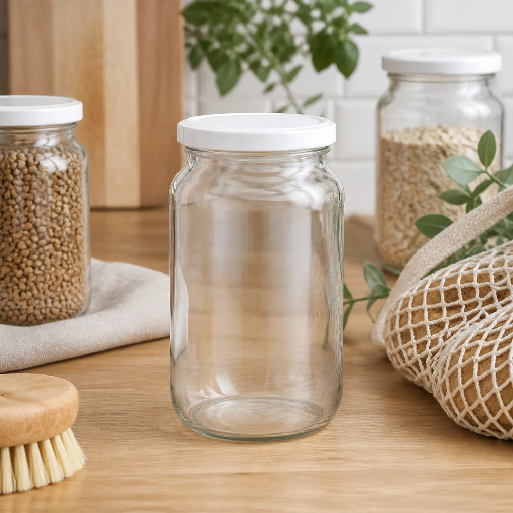 1062ml ronde pot BasicSeal deksel leeg op aanrecht met voorraadpotten en keukengerei Zero waste keuken