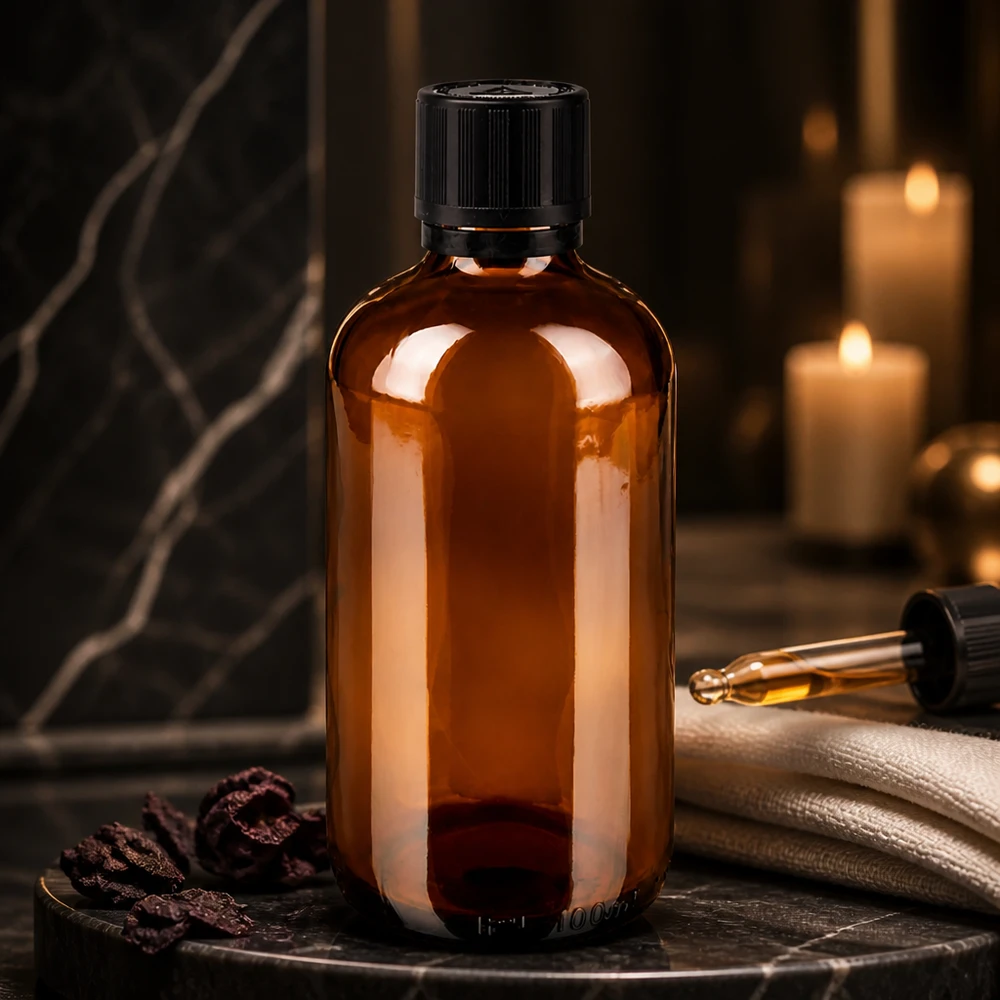 Bruine glazen fles 100ml met zwart druppelsluiting 1mm kinderslot bliw. VR Lichtbestendige apothekersfles van 100 ml met kindveilige druppeldop in spa-stijl
