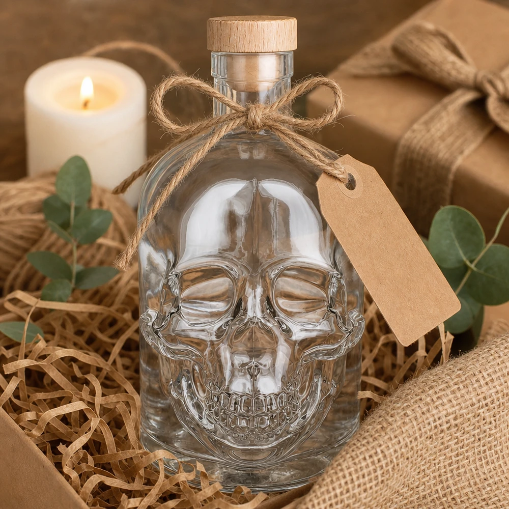 Jack 500 ml glazen fles met doodshoofd geschenkverpakking met kurk, jutezak, kaars en eucalyptusdecoratie