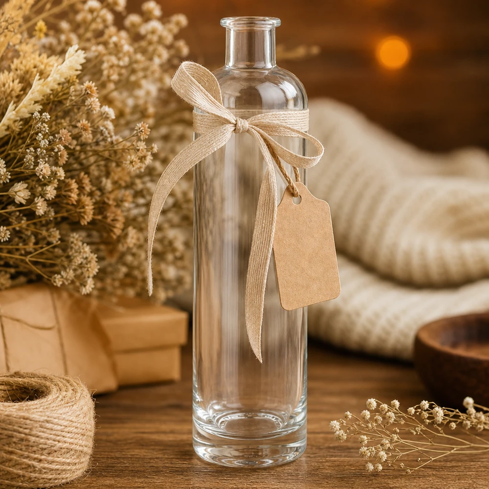 500 ml glazen fles Ella zonder sluiting UNiTWIST® 500 ml glazen fles Ella UNiTWIST als geschenkverpakking versierd met strik en hanger rustieke decoratie