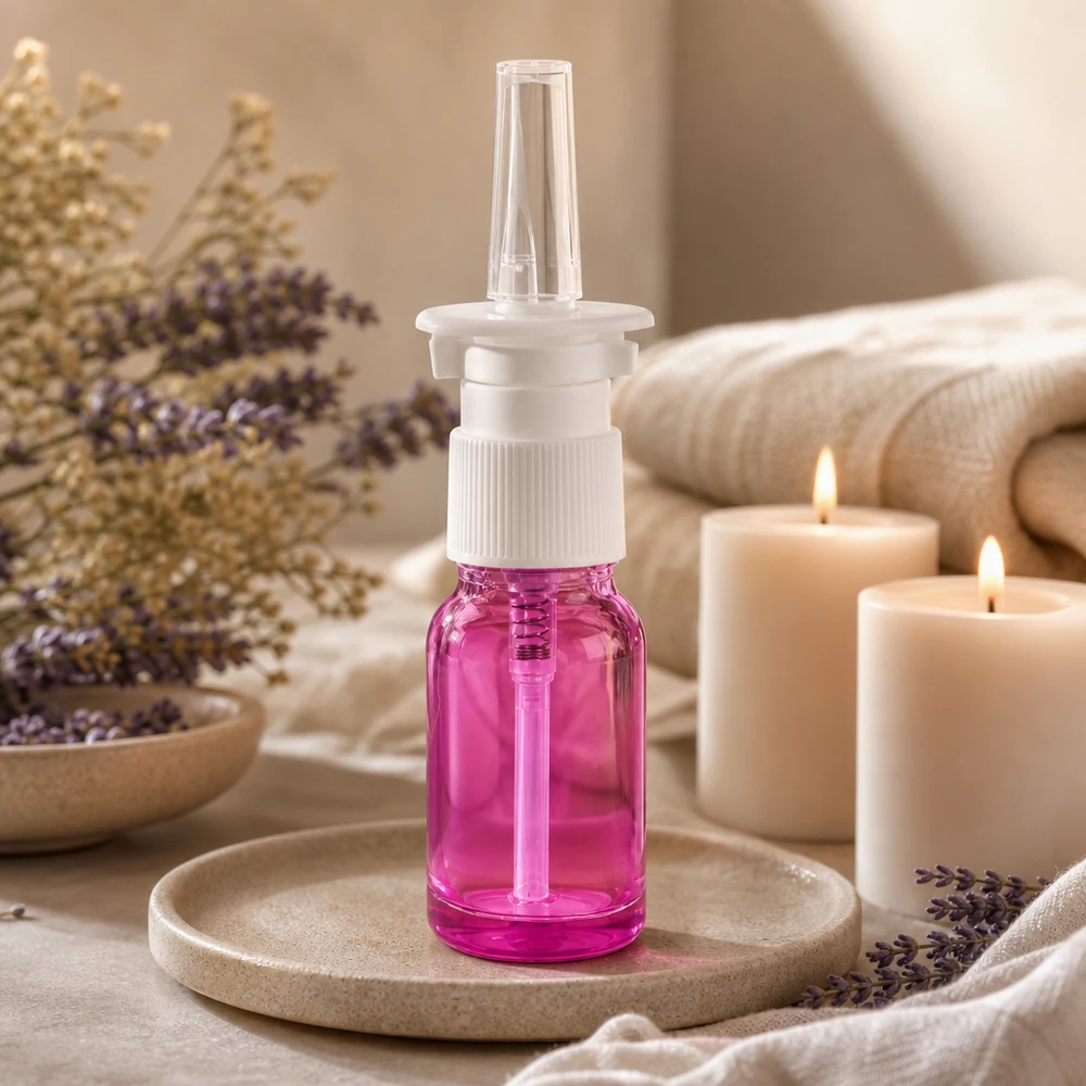Medische neusspray 10ml met witte sproeikop in een aantrekkelijke paarse kleur