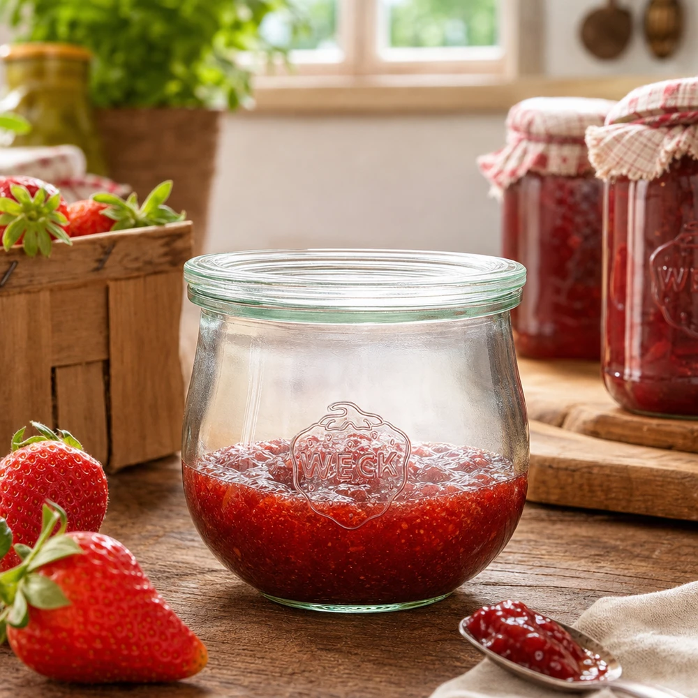 WECK tulpenpot 370ml RR80 gevuld met aardbeienjam in een rustieke keuken naast verse aardbeien en inmaakpotten