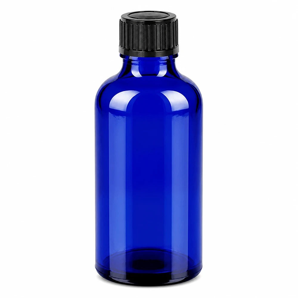 50ml BlueLine glazen fles met zwarte SV-dop voor het veilig bewaren van vloeistoffen