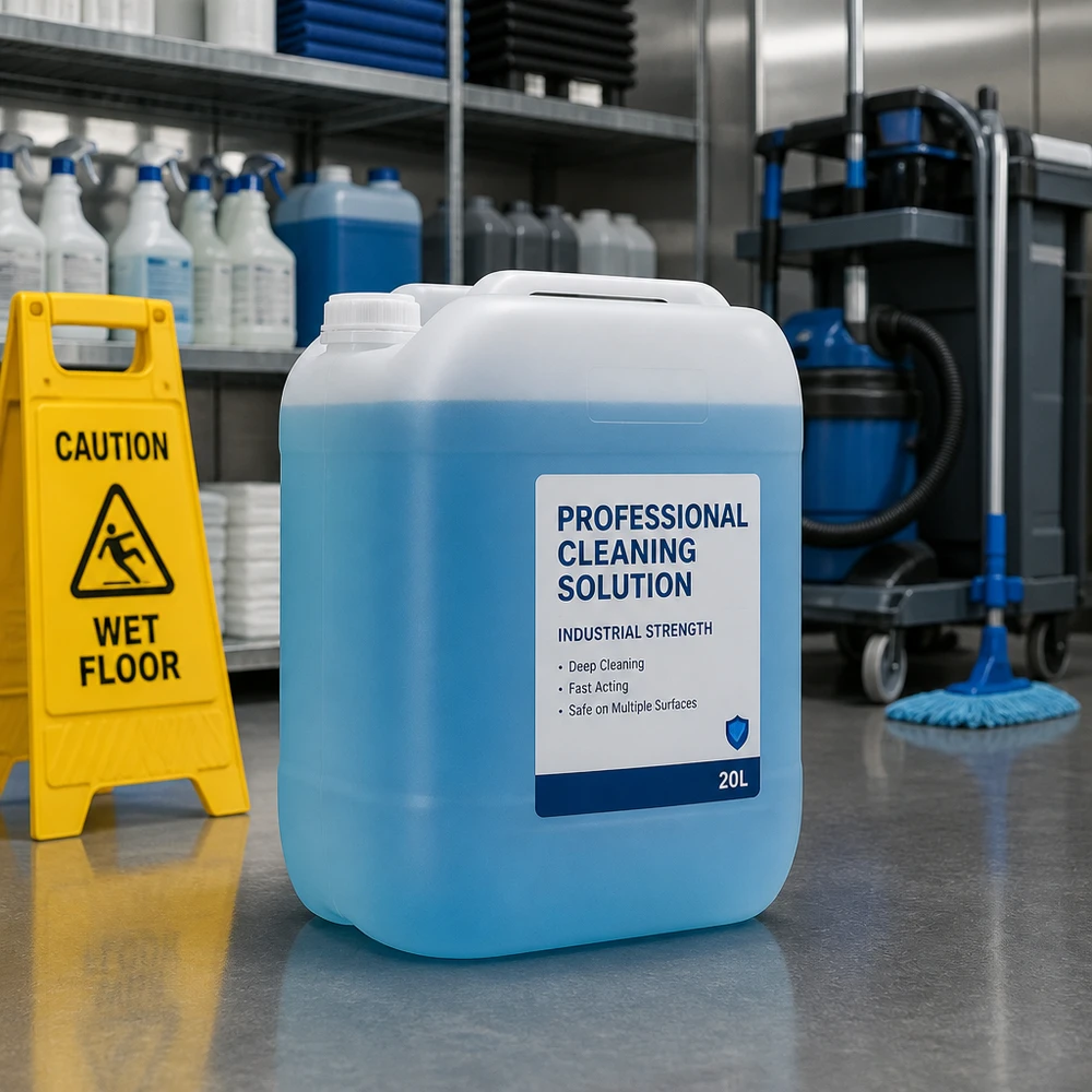 Doorzichtige plastic jerrycan met blauwe vloeistof en een witte schroefdop