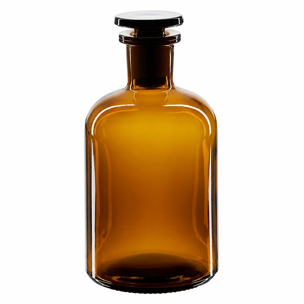 Klassieke fles met ronde schouders van bruin glas, 250 ml, met smalle hals en stop, voor laboratoriumgebruik