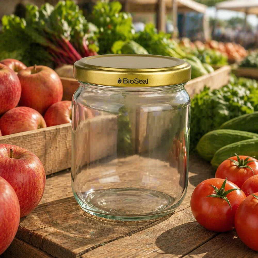 500g BioSeal honingpot leeg met gouden deksel omringd door verse appels en tomaten op een houten buitentafel