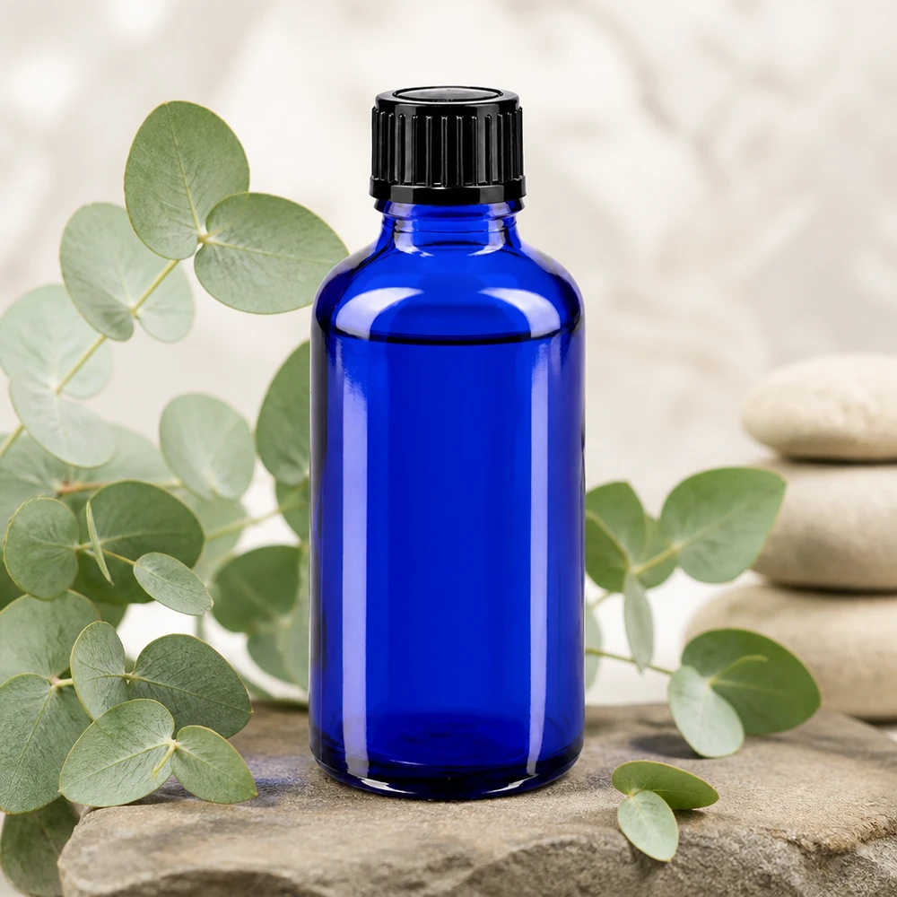 Kleine blauwe medicijnfles van 50 ml van ApoGlas met druppelinzet op een stenen ondergrond