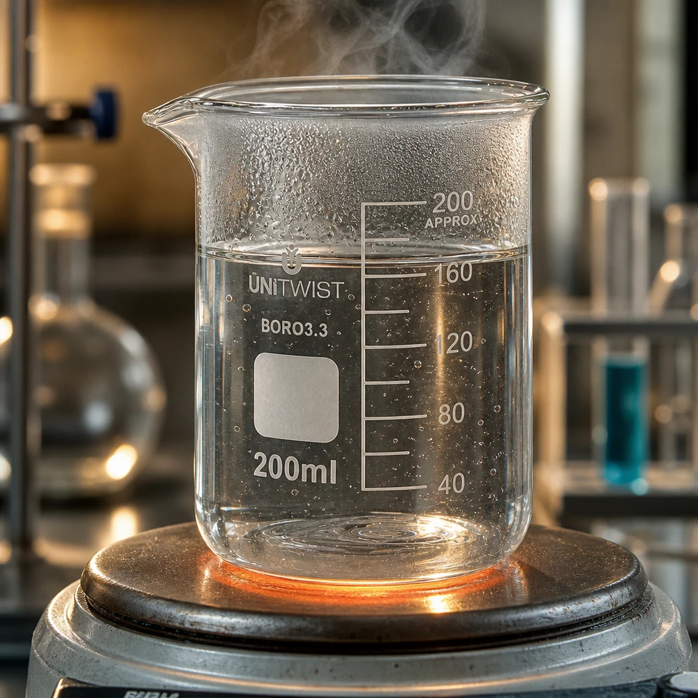 Beker 200ml borosilicaat, schimmelarm UNiTWIST Lage bekervorm van 200 ml, vervaardigd uit borosilicaatglas 3.3, voor laboratoriumproeven met een warmtebron