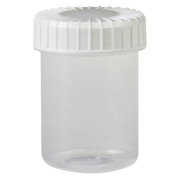 Kunststof pot 40ml transparant met geribbeld wit schroefdeksel van PE, type sluiting standaard Kunststof pot 40ml transparant met geribbeld wit schroefdeksel van PE, type sluiting standaard