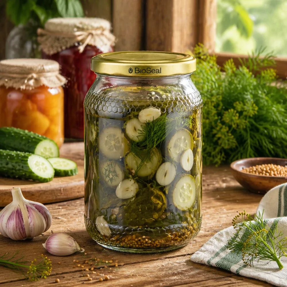 900ml honingpot BioSeal deksel goud met ingemaakte komkommer dille kruiden knoflook rustiek keukenscène inmaakpot