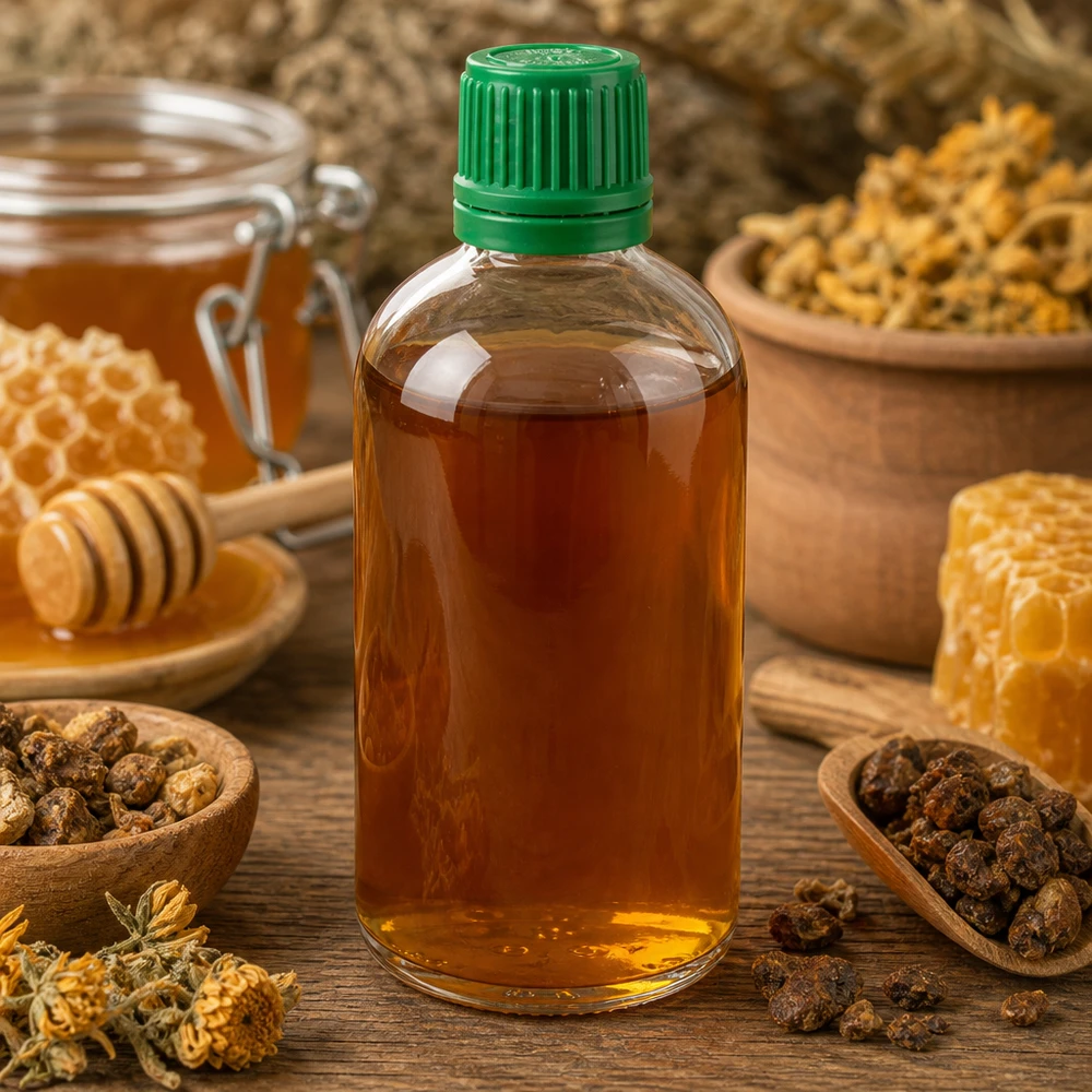 Propolis-tinctuur in een ClearLine-glazen flesje van 100 ml, UT18, met groene schroefdop van 11 mm, natuurgeneeskunde
