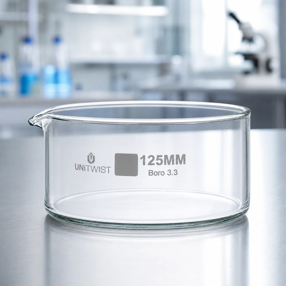 Kristalliseer schaal ø125mm borosilicaatglas UNiTWIST Glazen bak UNiTWIST kristallisatieschaal 125 mm Boro 3.3 met brede rand en schenktuit