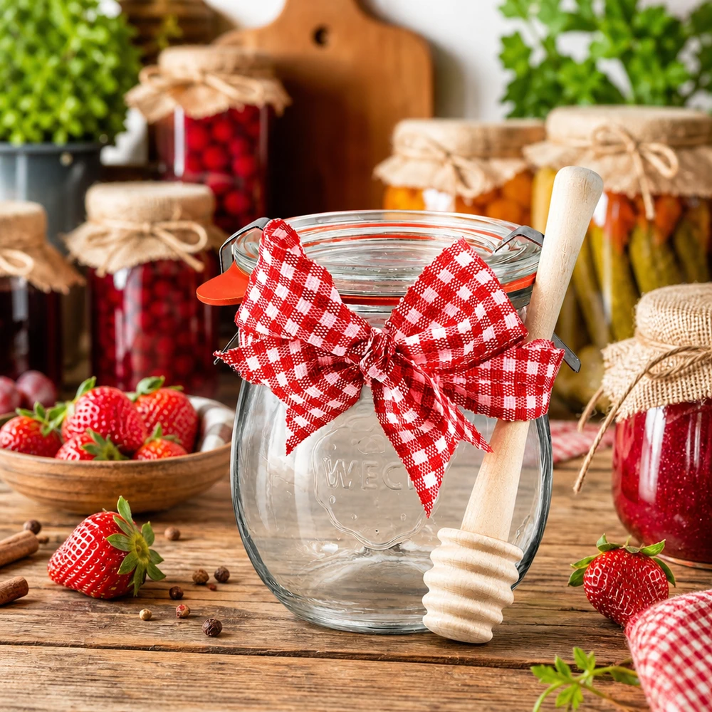 Inmaakpotje WECK 220 ml met rood lint en houten honinglepel, omringd door jampotjes en aardbeien