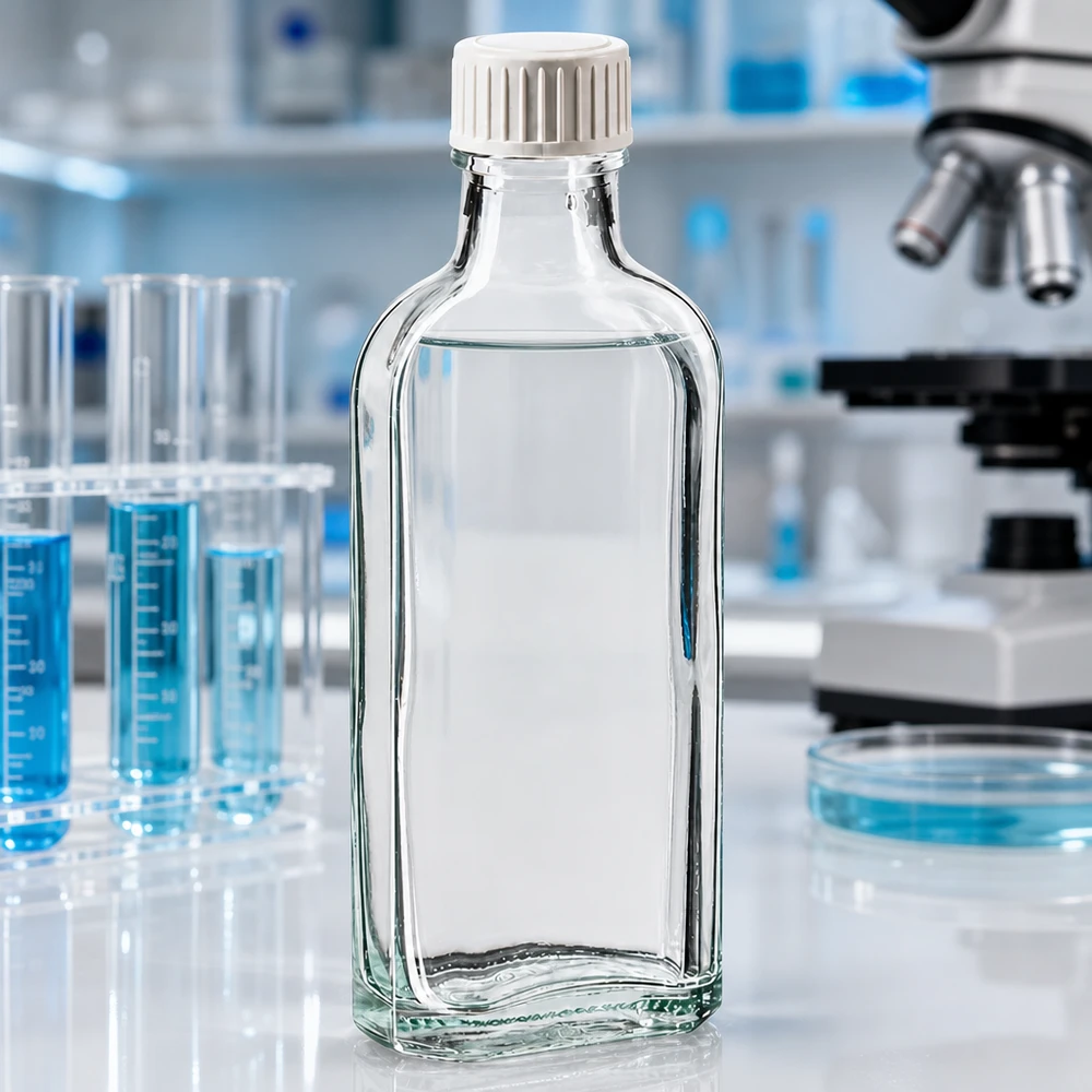 Glazen fles van 100 ml met een afgeplatte romp en een lekvrije dop met een inleg van PE-schuim