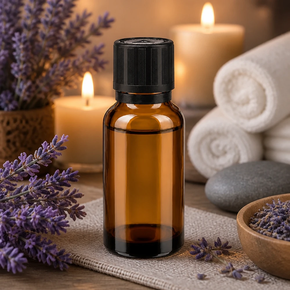 Amberkleurig glazen flesje van 20 ml met zwarte kindveilige sluiting voor aromatherapie