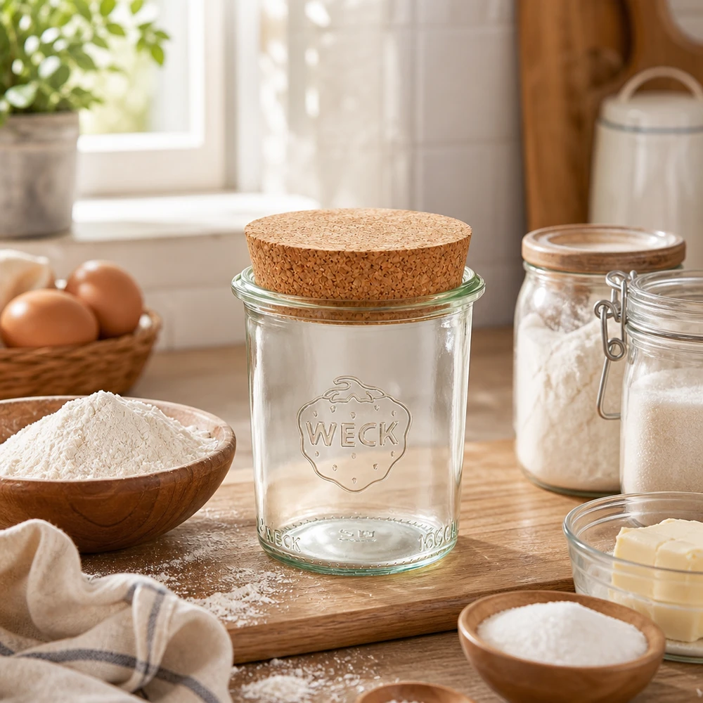 160ml stortglas WECK RR60 met kurk WECK 160ml RR60 mason jar met kurk op een houten plank in een warme keuken, omringd door bakingrediënten, bloem en eieren