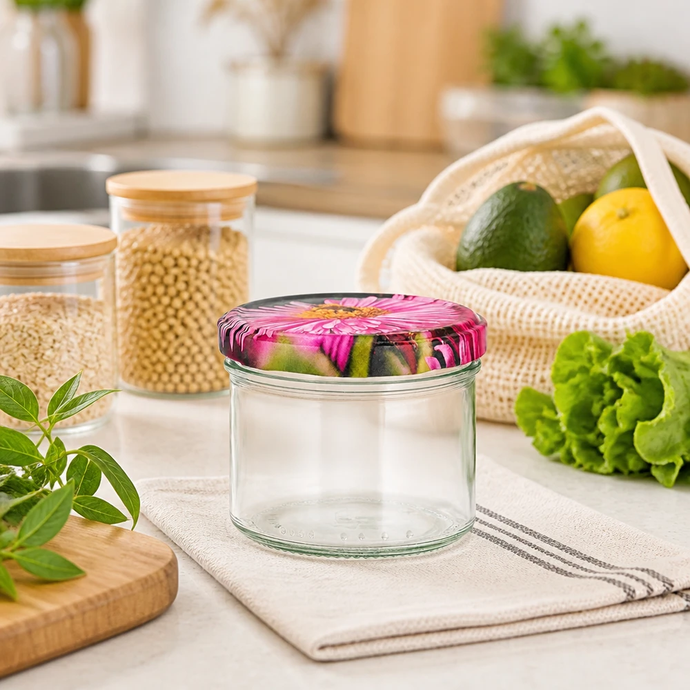 Inmaakpot 230ml leeg BasicSeal deksel Gerbera decor Keuken sfeer duurzame opslag Mesh bag Fruit