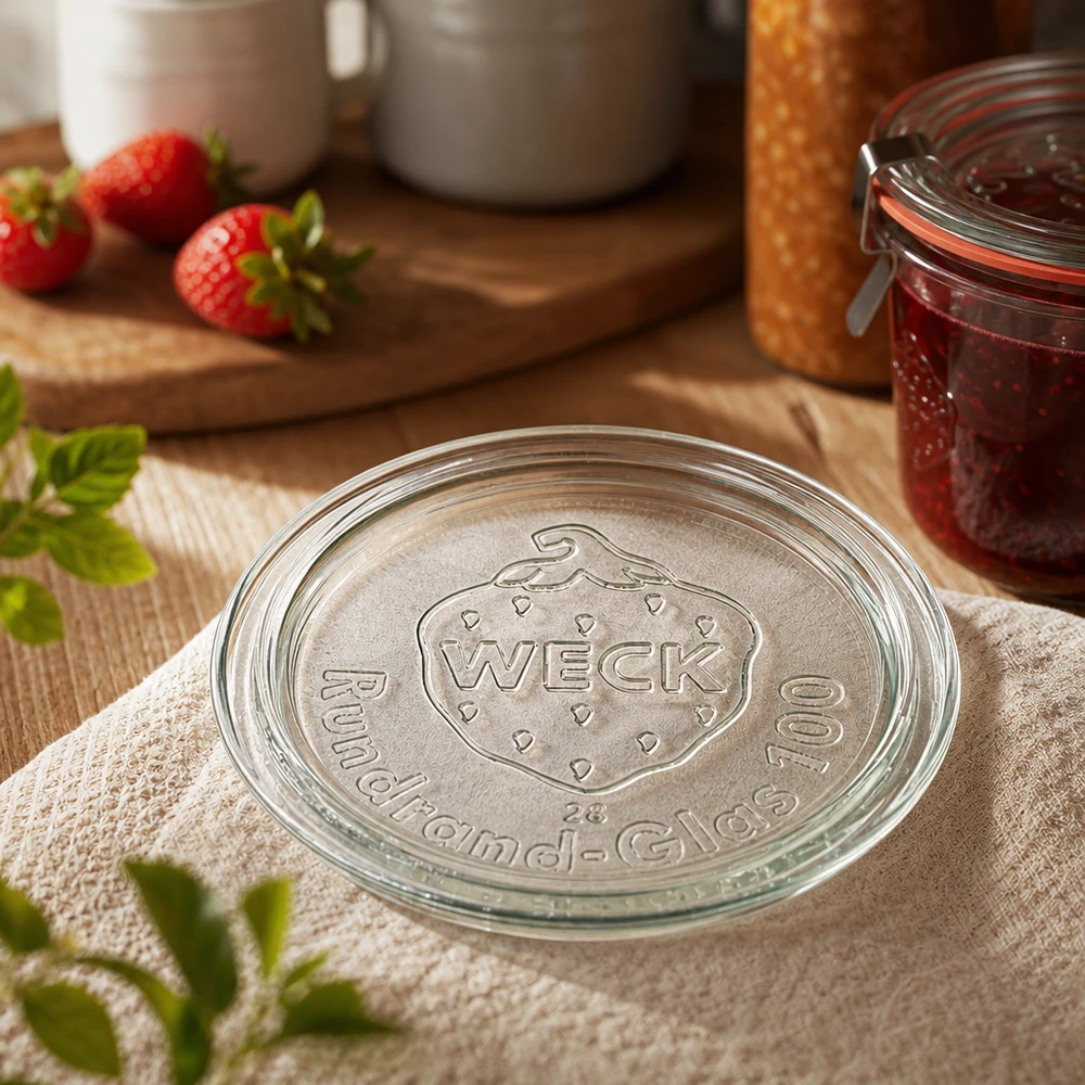 WECK potdeksel RR100 Close-up met reliëfmerklogo op keukendoek naast aardbeienjam in pot