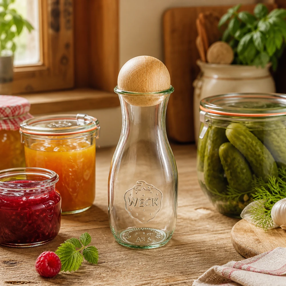 WECK sapfles 530ml met houten stop in rustieke keuken naast inmaakpotten met jam en augurken